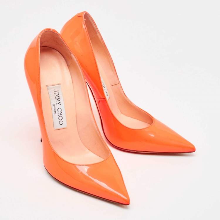 Pre Owned Jimmy Choo Orange Patent Leather Pointed Toe Pumps Size 37