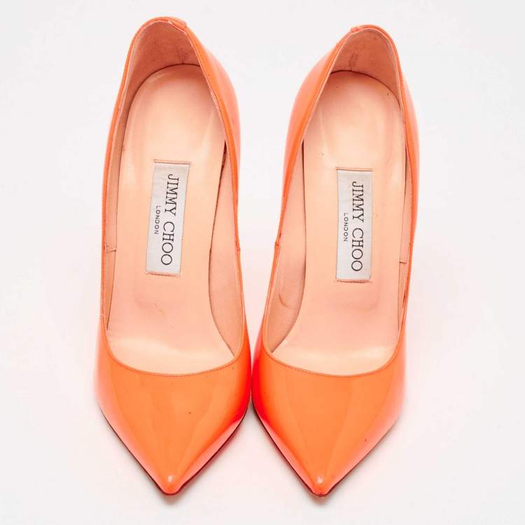 Pre Owned Jimmy Choo Orange Patent Leather Pointed Toe Pumps Size 37