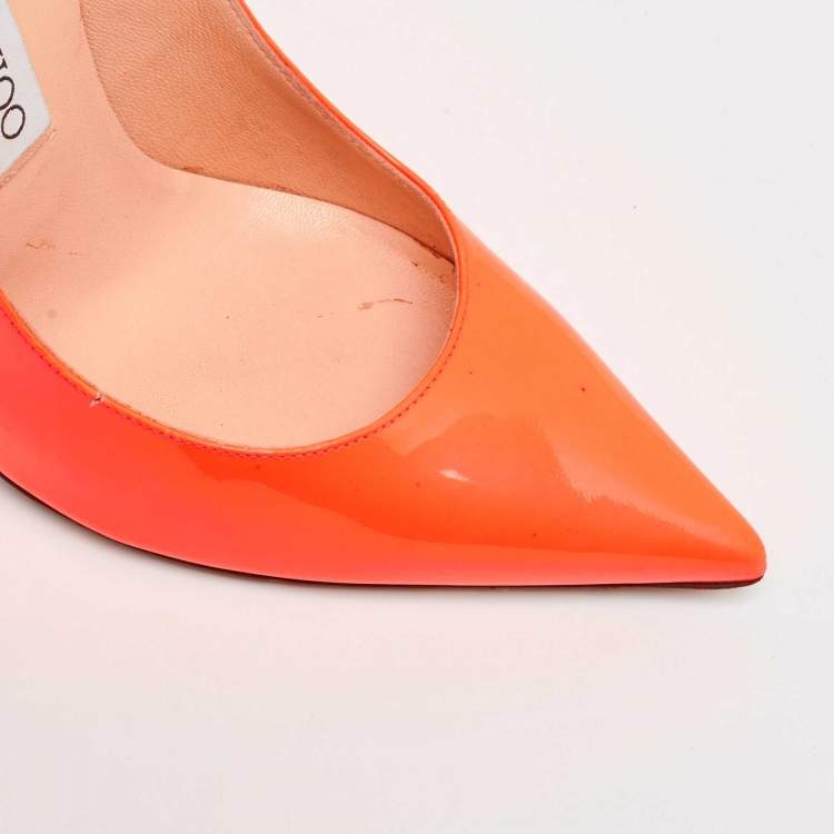 Pre Owned Jimmy Choo Orange Patent Leather Pointed Toe Pumps Size 37