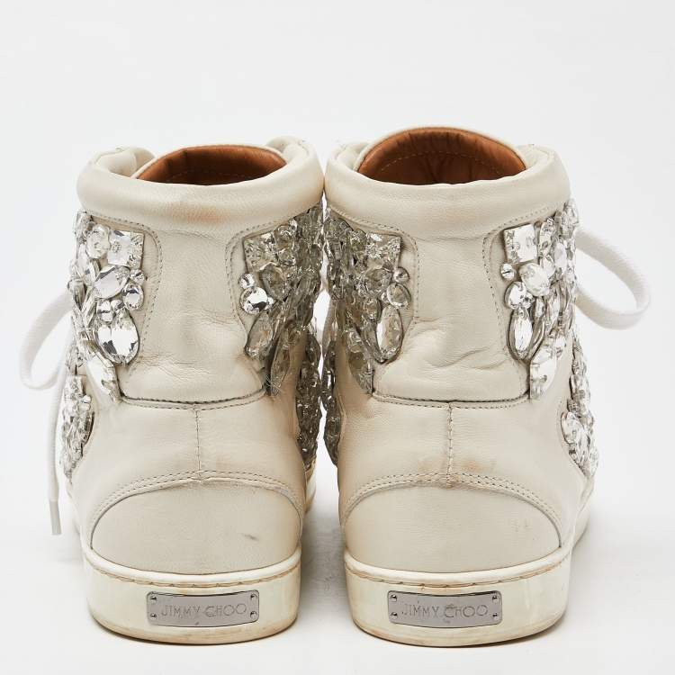Pre Owned Jimmy Choo White Leather Tokyo Crystal Embellished High Top Sneakers Size 37.5