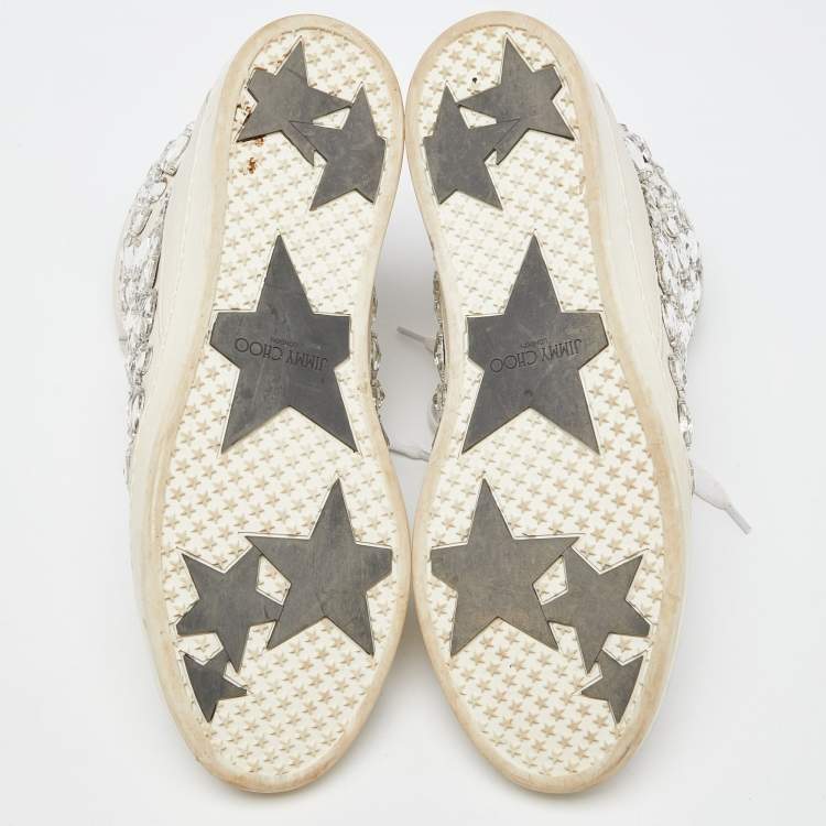 Pre Owned Jimmy Choo White Leather Tokyo Crystal Embellished High Top Sneakers Size 37.5
