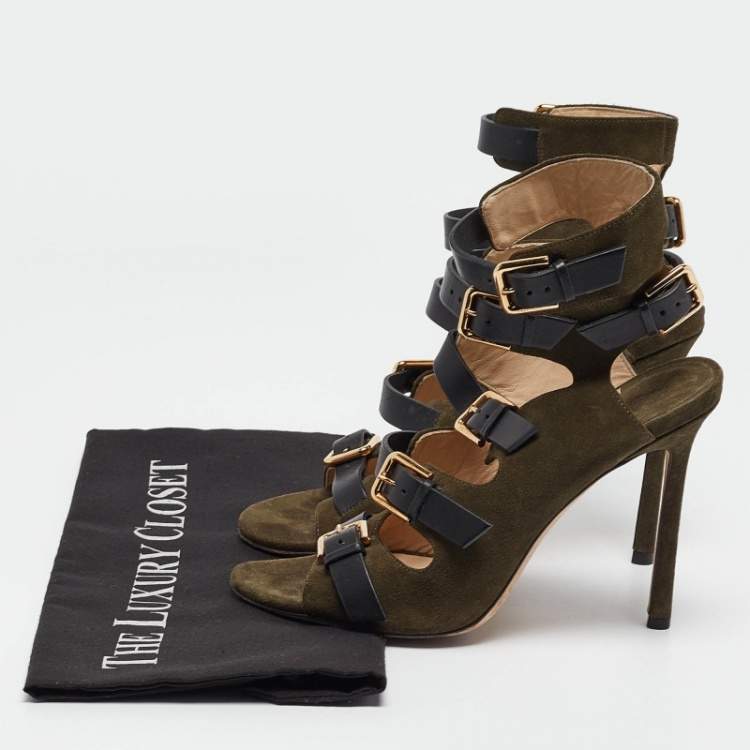 Pre Owned Jimmy Choo Green Suede Buckle Strappy Sandals Size 37