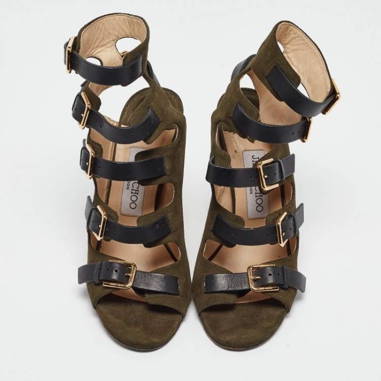 Pre Owned Jimmy Choo Green Suede Buckle Strappy Sandals Size 37