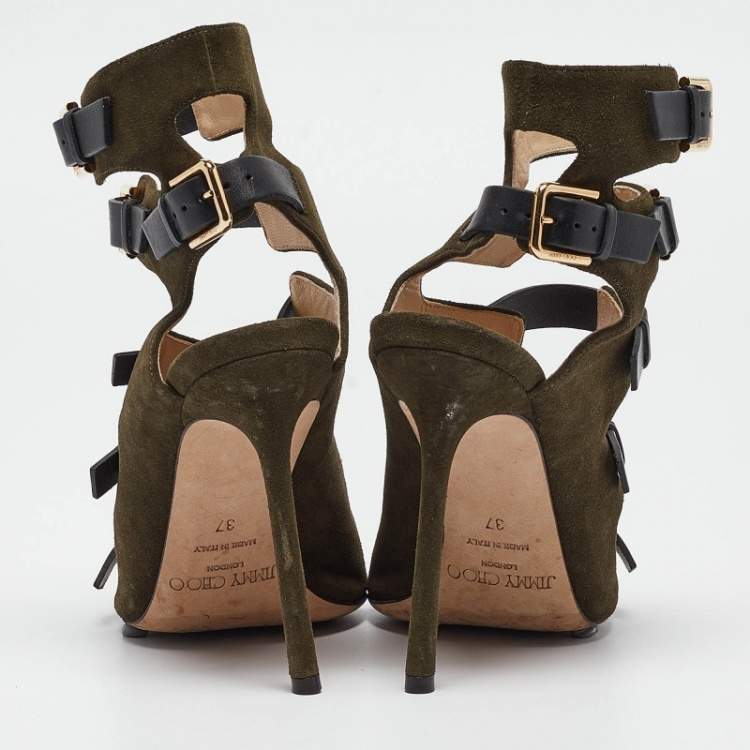 Pre Owned Jimmy Choo Green Suede Buckle Strappy Sandals Size 37