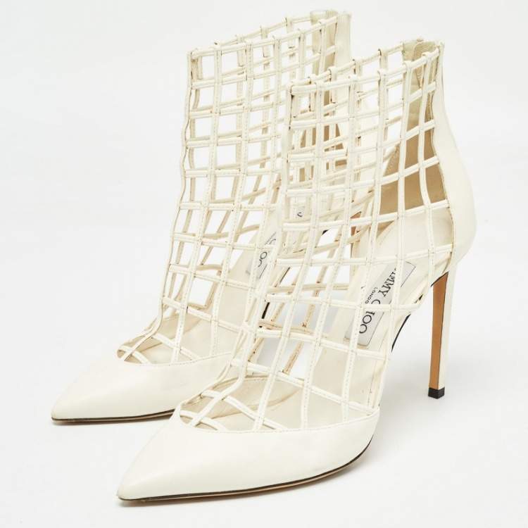مملوكة مسبقًا Jimmy Choo White Leather Sheldon Cage Pumps Size 41