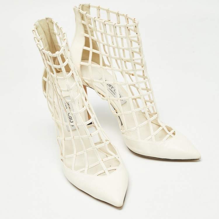 مملوكة مسبقًا Jimmy Choo White Leather Sheldon Cage Pumps Size 41