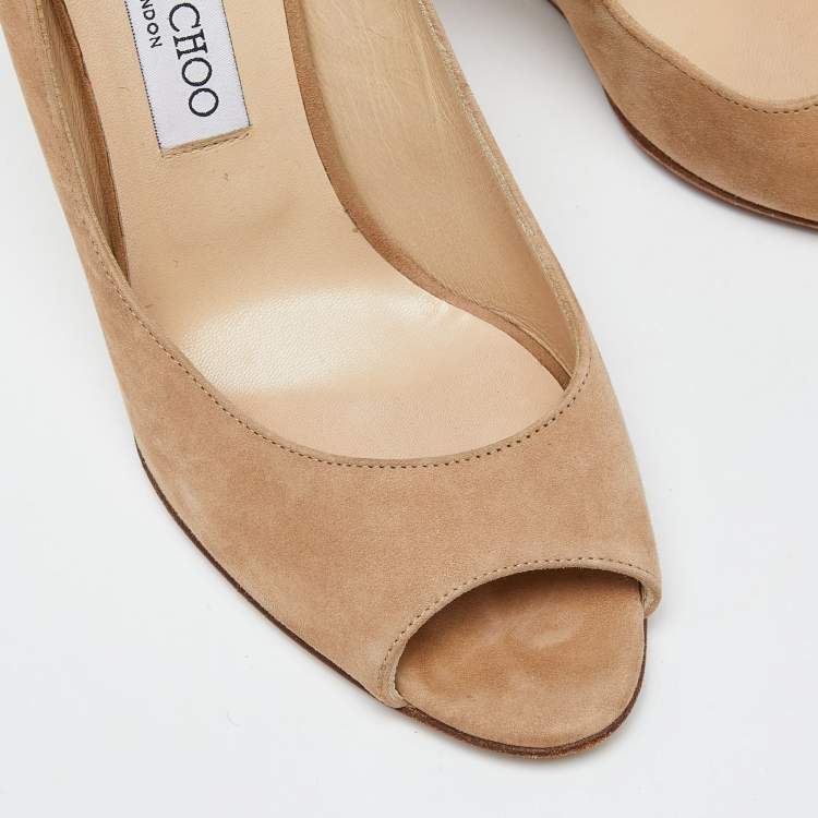 Pre Owned Jimmy Choo Beige Suede and Patent Leather Baxen Wedge Peep Toe Pumps Size 39