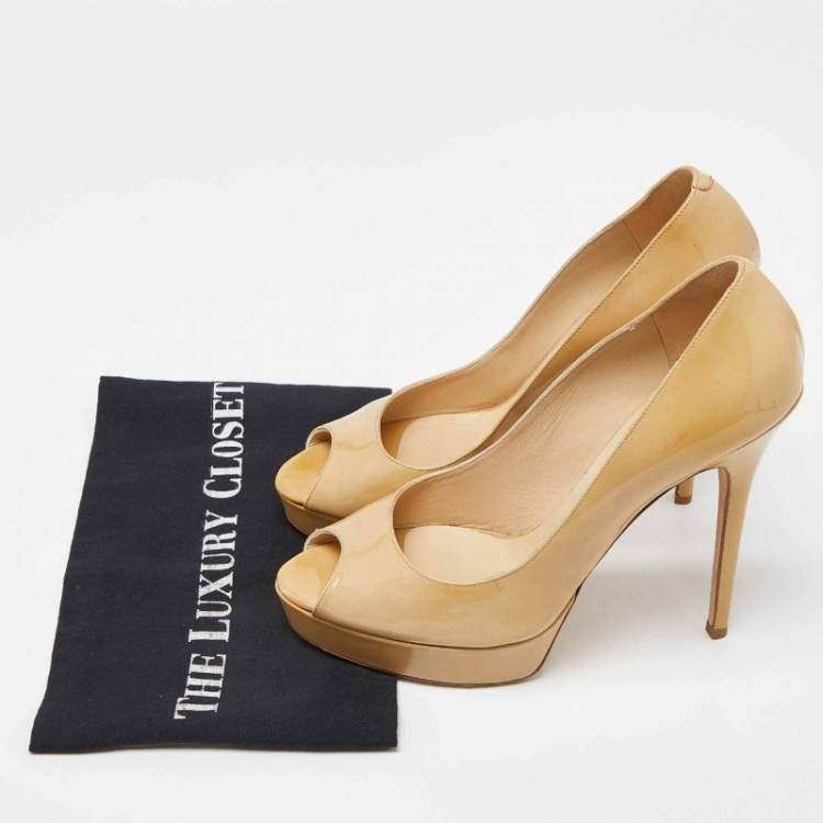 Pre Owned Jimmy Choo Beige Patent Leather Crown Peep Toe Pumps Size 40.5