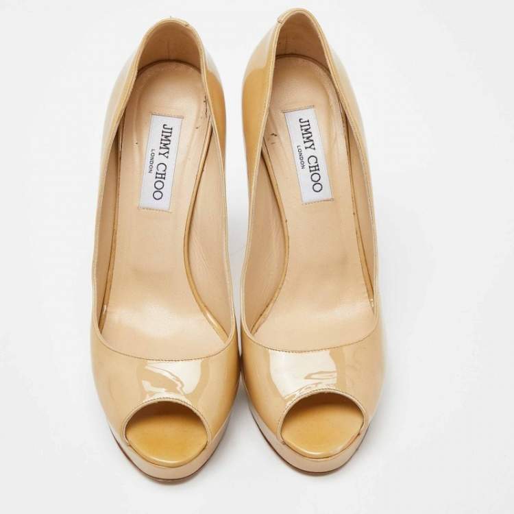 Pre Owned Jimmy Choo Beige Patent Leather Crown Peep Toe Pumps Size 40.5