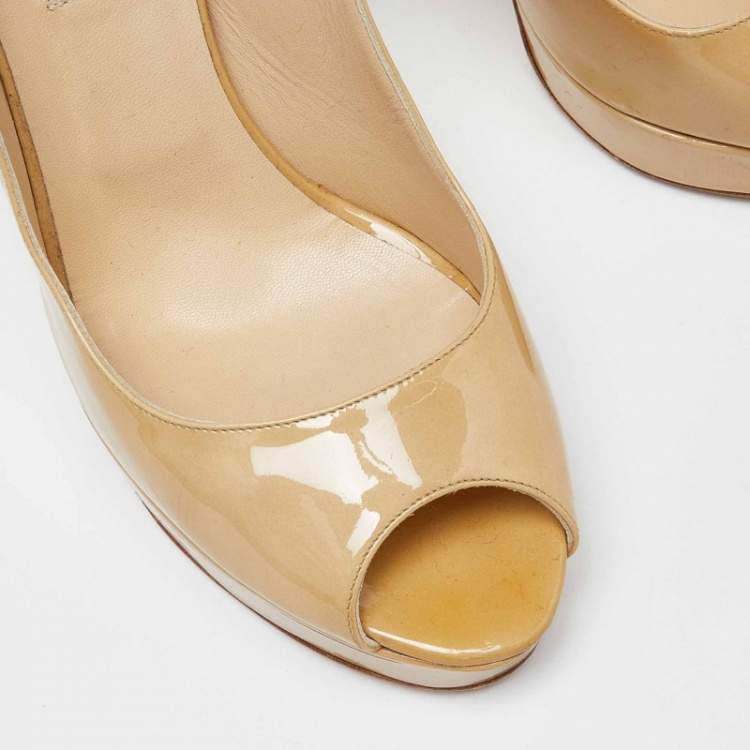 Pre Owned Jimmy Choo Beige Patent Leather Crown Peep Toe Pumps Size 40.5