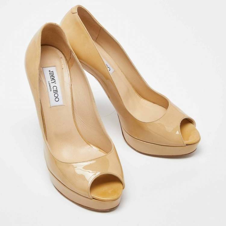 Pre Owned Jimmy Choo Beige Patent Leather Crown Peep Toe Pumps Size 40.5