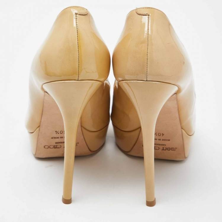 Pre Owned Jimmy Choo Beige Patent Leather Crown Peep Toe Pumps Size 40.5