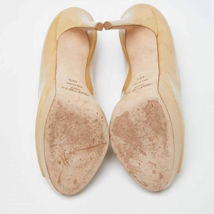 Pre Owned Jimmy Choo Beige Patent Leather Crown Peep Toe Pumps Size 40.5