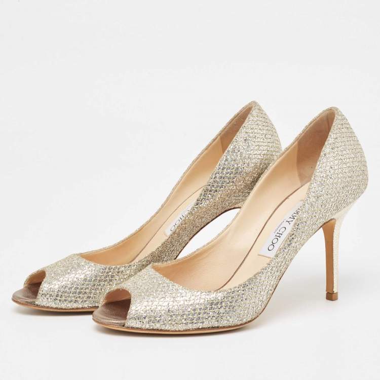 Pre Owned Jimmy Choo Silver/Gold Glitter Evelyn Peep Toe Pumps Size 38.5