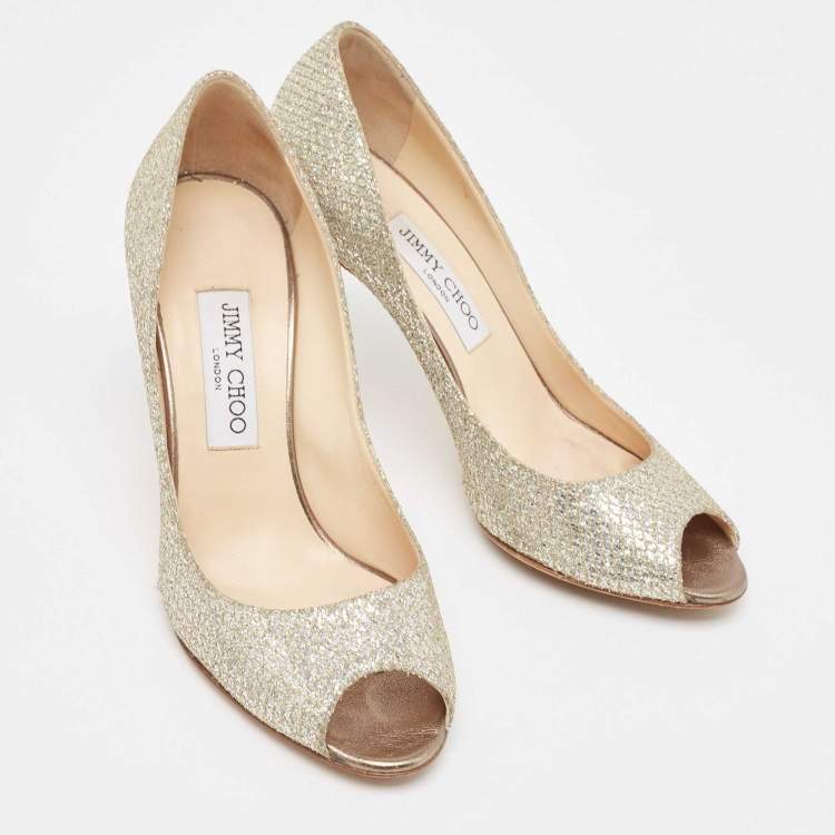 Pre Owned Jimmy Choo Silver/Gold Glitter Evelyn Peep Toe Pumps Size 38.5