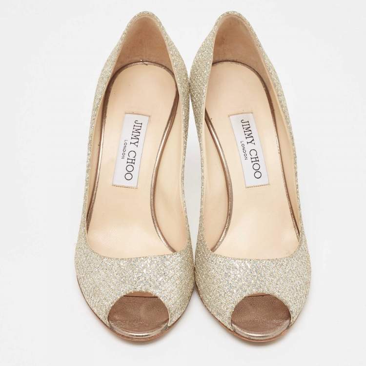Pre Owned Jimmy Choo Silver/Gold Glitter Evelyn Peep Toe Pumps Size 38.5