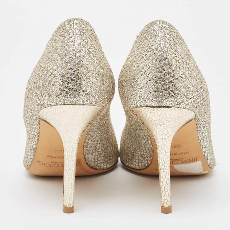 Pre Owned Jimmy Choo Silver/Gold Glitter Evelyn Peep Toe Pumps Size 38.5