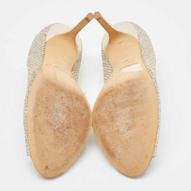Pre Owned Jimmy Choo Silver/Gold Glitter Evelyn Peep Toe Pumps Size 38.5