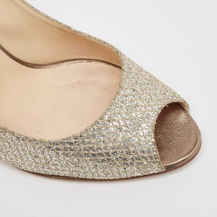 Pre Owned Jimmy Choo Silver/Gold Glitter Evelyn Peep Toe Pumps Size 38.5