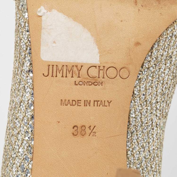 Pre Owned Jimmy Choo Silver/Gold Glitter Evelyn Peep Toe Pumps Size 38.5