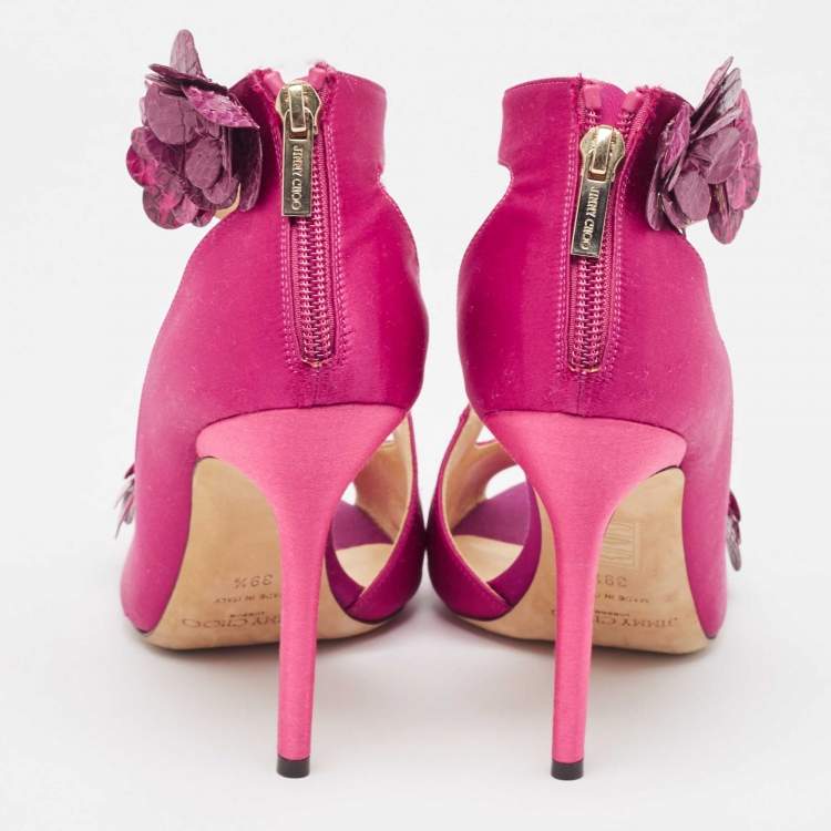 Pre Owned Jimmy Choo Pink Satin and Python Flower Applique Sandals Size 39.5