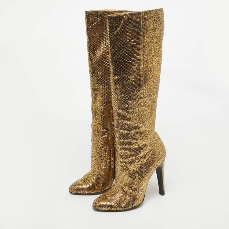 Jimmy Choo Gold Python Leather Knee Length Boots Size 37 Jimmy Choo TLC