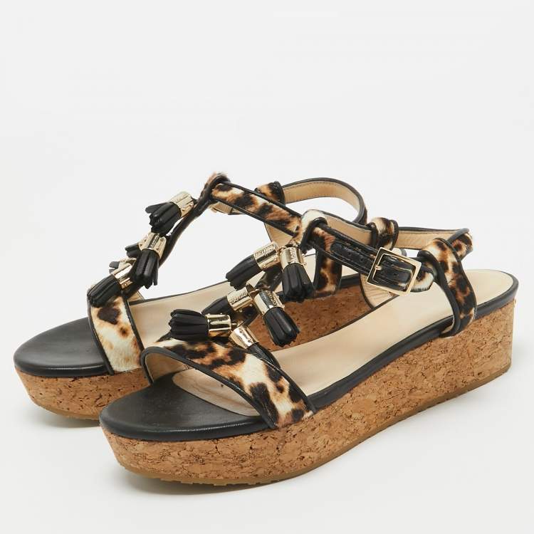 Pre Owned Jimmy Choo Brown/Black Calf Hair and Leather Wedge Ankle Strap Sandals Size 38.5