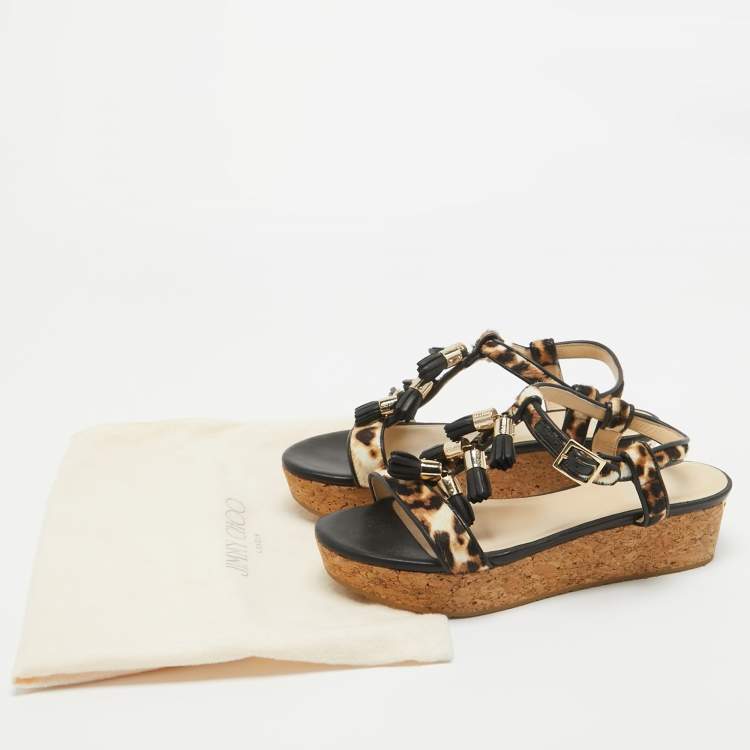 Pre Owned Jimmy Choo Brown/Black Calf Hair and Leather Wedge Ankle Strap Sandals Size 38.5