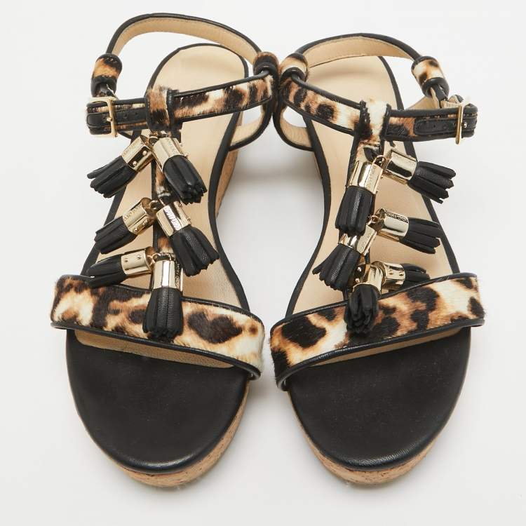 Pre Owned Jimmy Choo Brown/Black Calf Hair and Leather Wedge Ankle Strap Sandals Size 38.5