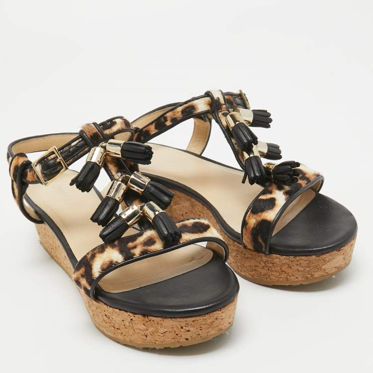 Pre Owned Jimmy Choo Brown/Black Calf Hair and Leather Wedge Ankle Strap Sandals Size 38.5