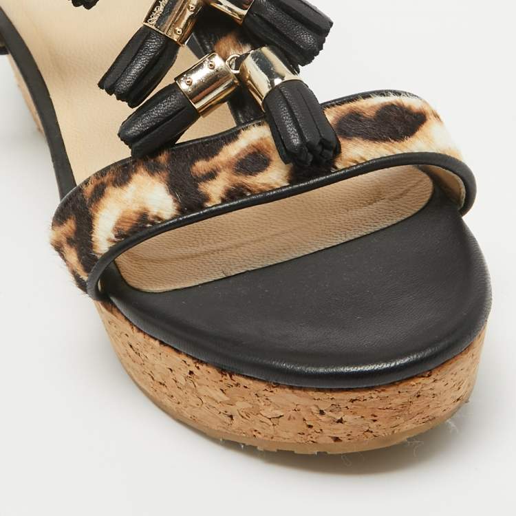 Pre Owned Jimmy Choo Brown/Black Calf Hair and Leather Wedge Ankle Strap Sandals Size 38.5