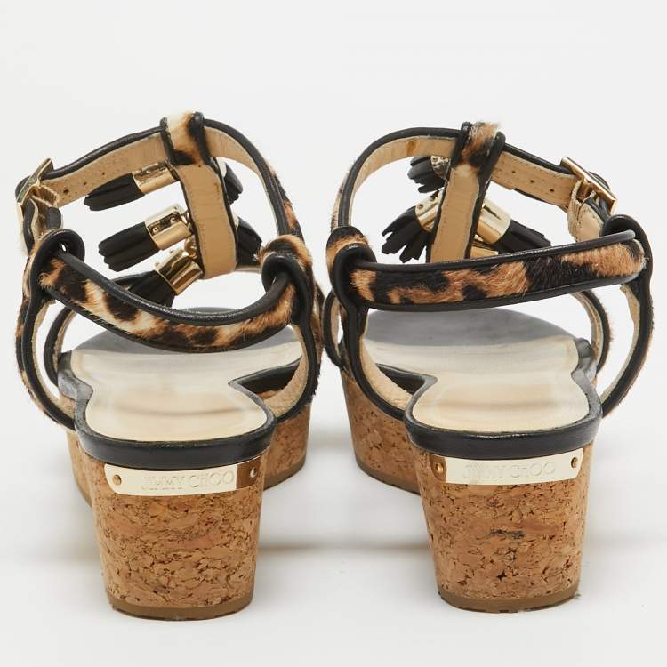 Pre Owned Jimmy Choo Brown/Black Calf Hair and Leather Wedge Ankle Strap Sandals Size 38.5