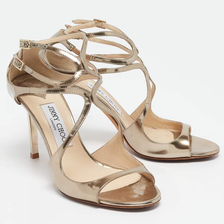 Pre Owned Jimmy Choo Gold Leather Lance Strappy Sandals Size 38.5