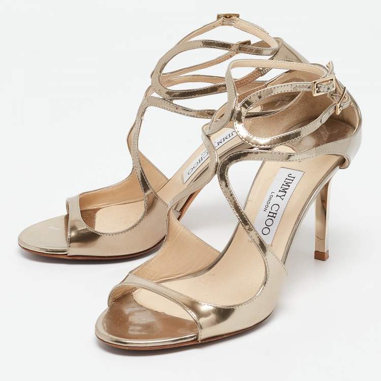 Pre Owned Jimmy Choo Gold Leather Lance Strappy Sandals Size 38.5