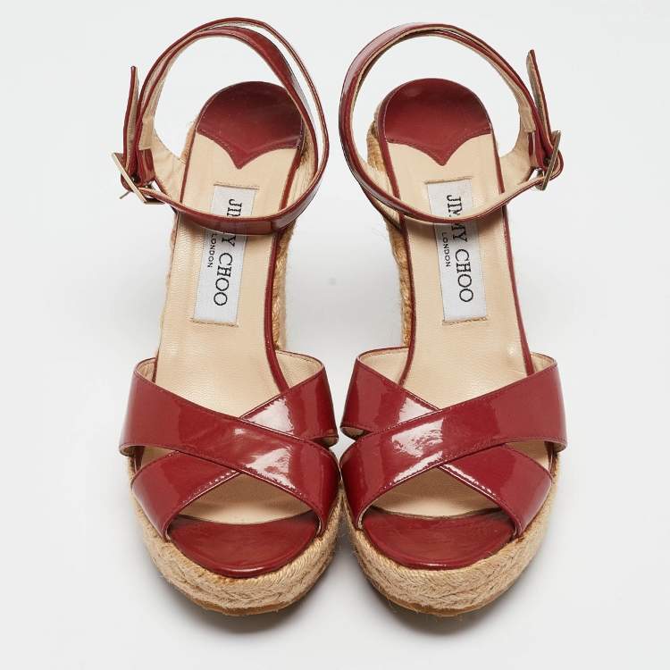 Pre Owned Jimmy Choo Burgundy Patent Leather Phoenix Espadrille Wedge Sandals Size 38