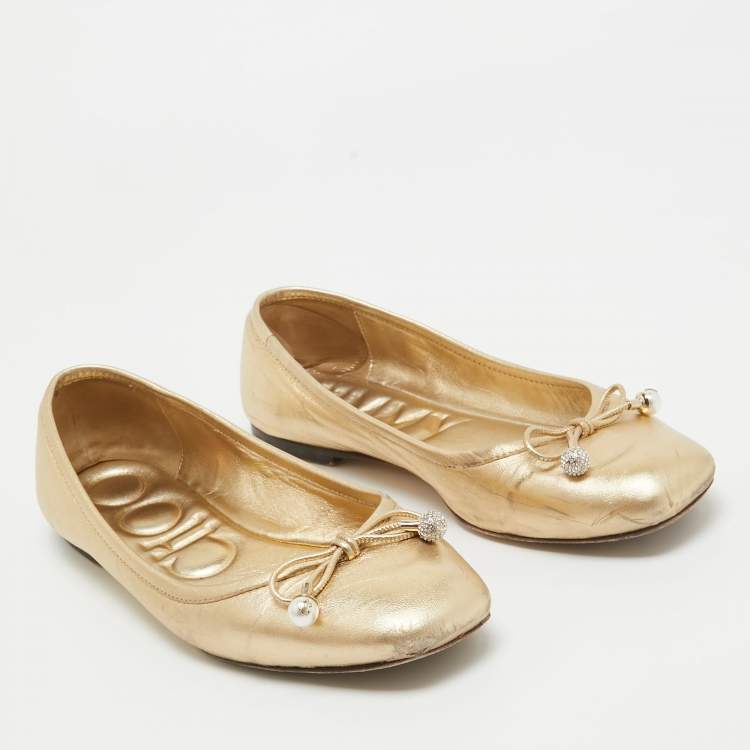 Pre Owned Jimmy Choo Gold Leather Ballet Flats Size 36