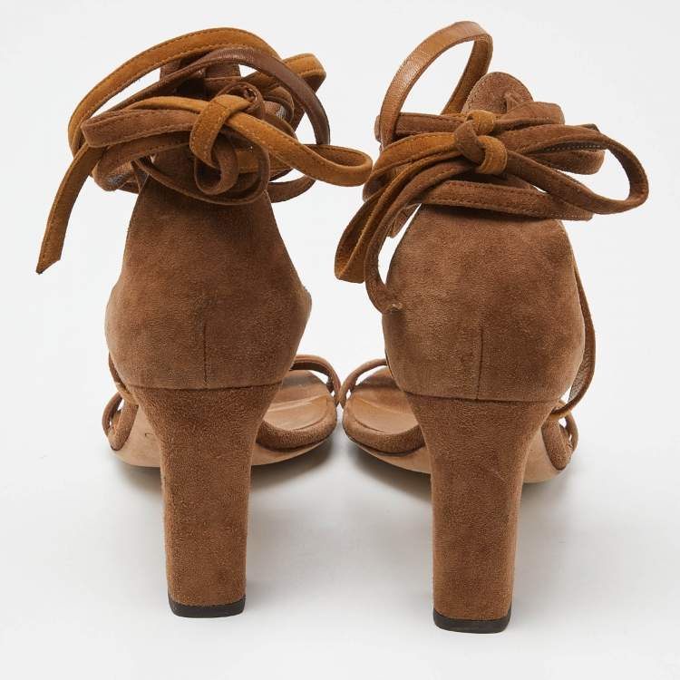 Pre Owned Jimmy Choo Brown Suede Block Heel Ankle Wrap Sandals Size 39