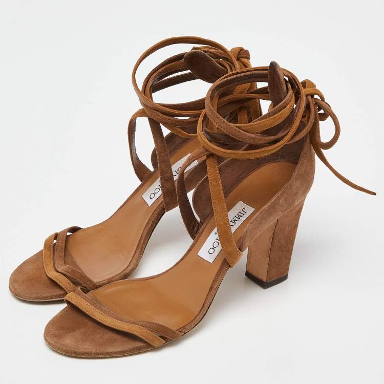 Pre Owned Jimmy Choo Brown Suede Block Heel Ankle Wrap Sandals Size 39