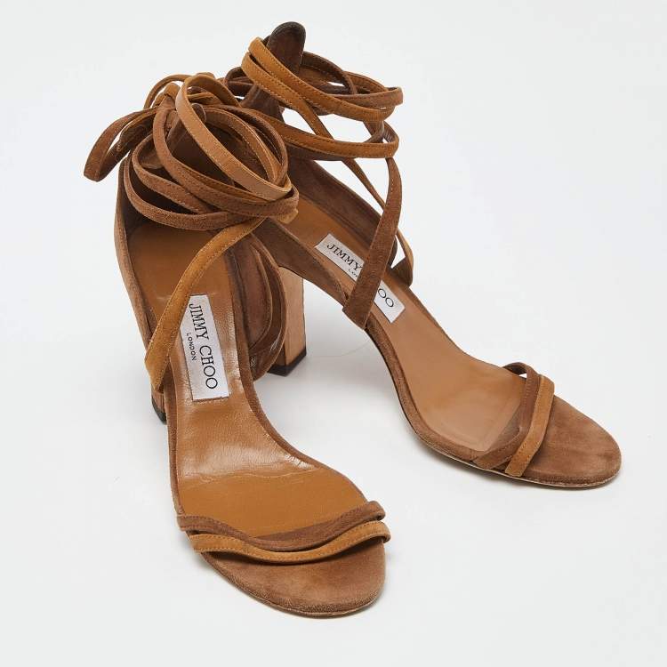 Pre Owned Jimmy Choo Brown Suede Block Heel Ankle Wrap Sandals Size 39