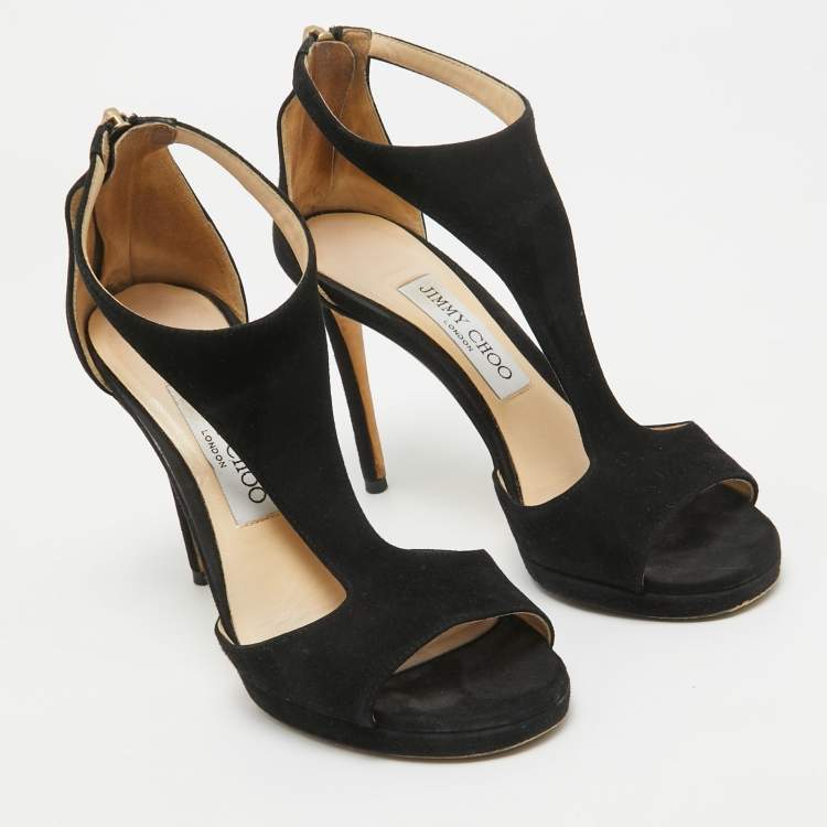 Pre Owned Jimmy Choo Black Suede Lana T Strap Sandals Size 36