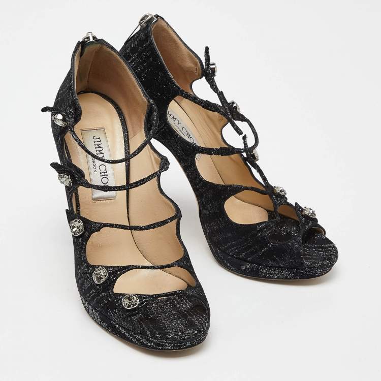 Pre Owned Jimmy Choo Black Lurex Fabric Platform Strap Sandals Size 37.5