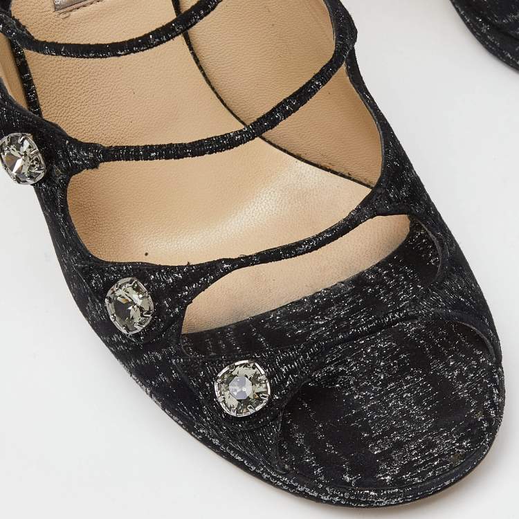 Pre Owned Jimmy Choo Black Lurex Fabric Platform Strap Sandals Size 37.5