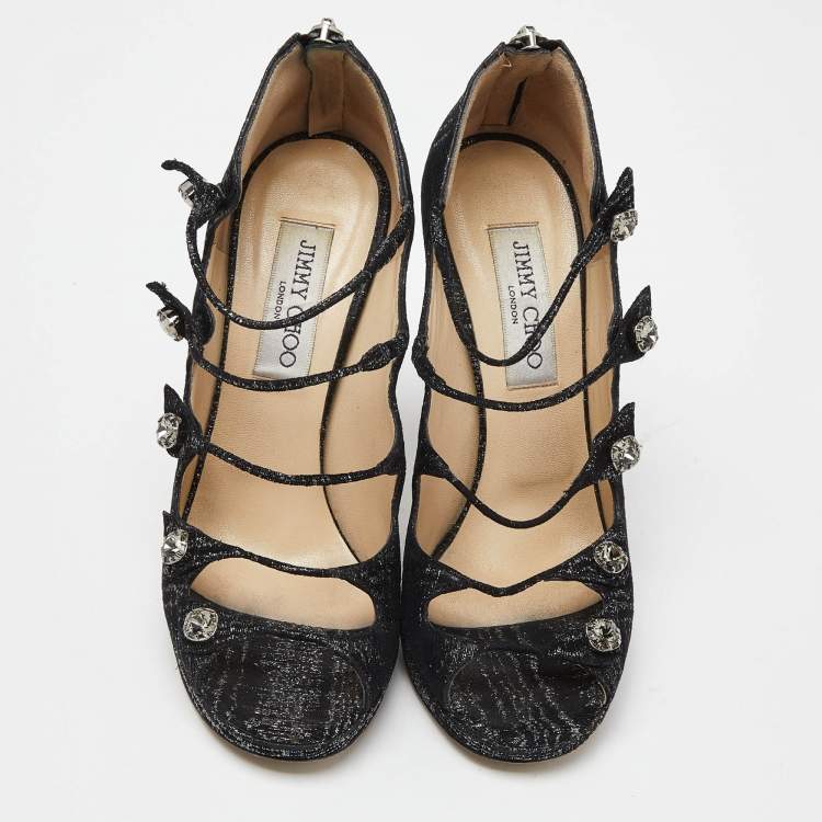 Pre Owned Jimmy Choo Black Lurex Fabric Platform Strap Sandals Size 37.5