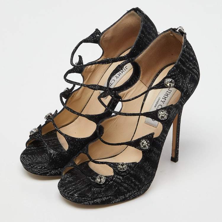 Pre Owned Jimmy Choo Black Lurex Fabric Platform Strap Sandals Size 37.5