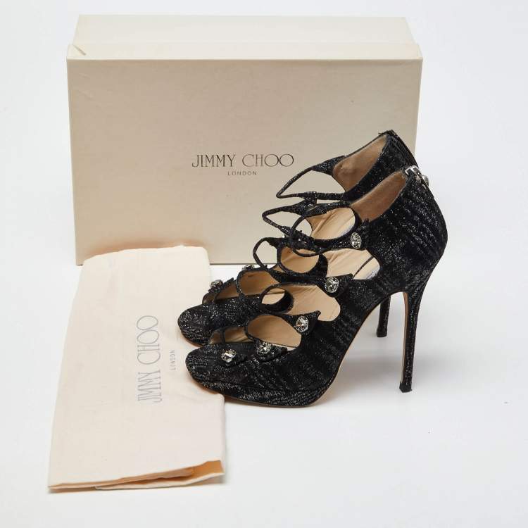Pre Owned Jimmy Choo Black Lurex Fabric Platform Strap Sandals Size 37.5
