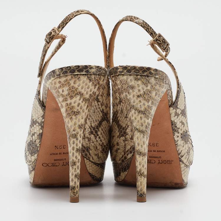 Pre Owned Jimmy Choo Brown/Beige Python Embossed Leather Slingback Peep Toe Pumps Size 39.5