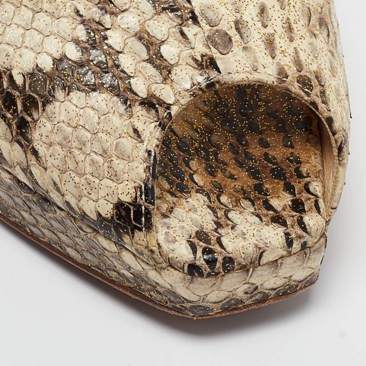 Pre Owned Jimmy Choo Brown/Beige Python Embossed Leather Slingback Peep Toe Pumps Size 39.5