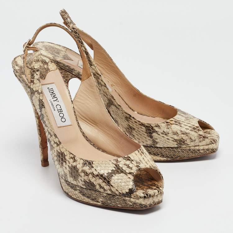Pre Owned Jimmy Choo Brown/Beige Python Embossed Leather Slingback Peep Toe Pumps Size 39.5