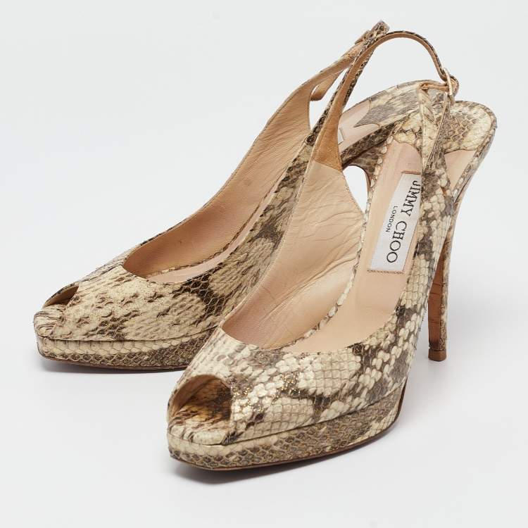 Pre Owned Jimmy Choo Brown/Beige Python Embossed Leather Slingback Peep Toe Pumps Size 39.5