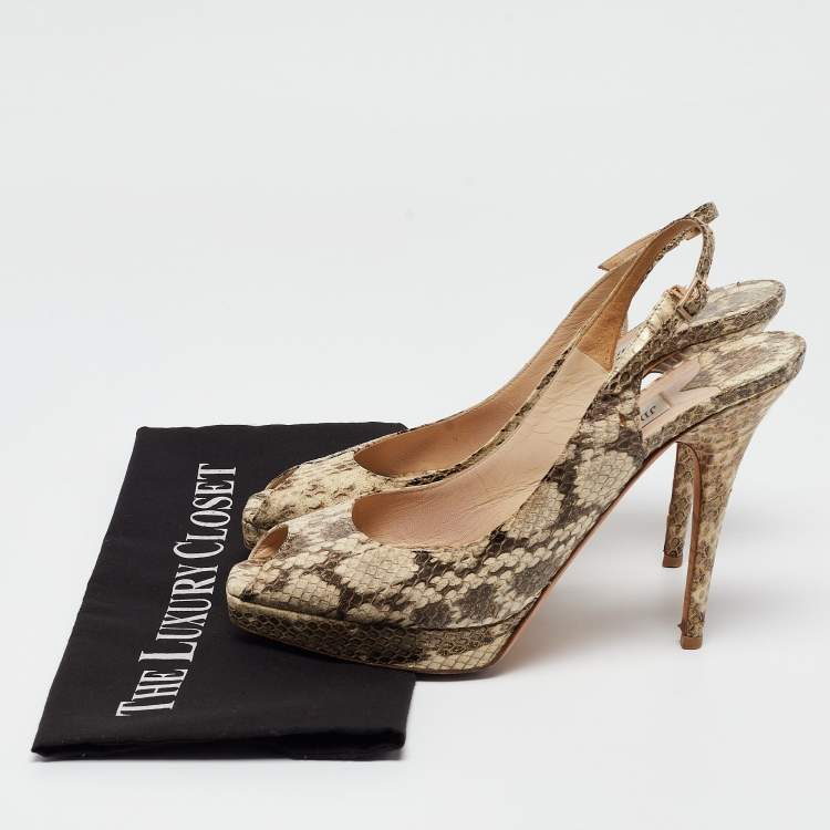 Pre Owned Jimmy Choo Brown/Beige Python Embossed Leather Slingback Peep Toe Pumps Size 39.5